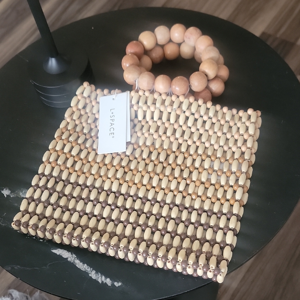 L*Space Beaded Clutch and Bracelet Set - Cream and Brown